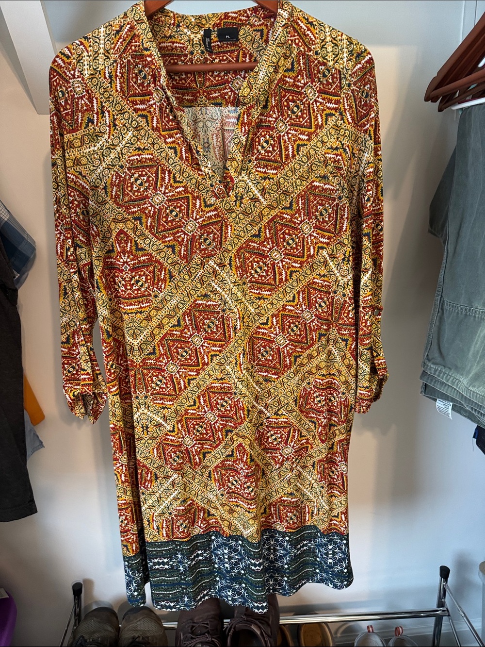 new directions Red and Yellow Patterned Tunic Dress with Blue Border